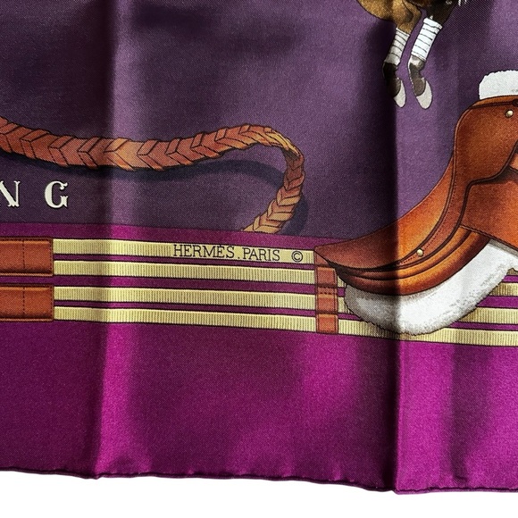 Hermes 100% Silk Purple & Fuchsia Pink Jumping Horses Large 90cm Square Scarf - Picture 5 of 10